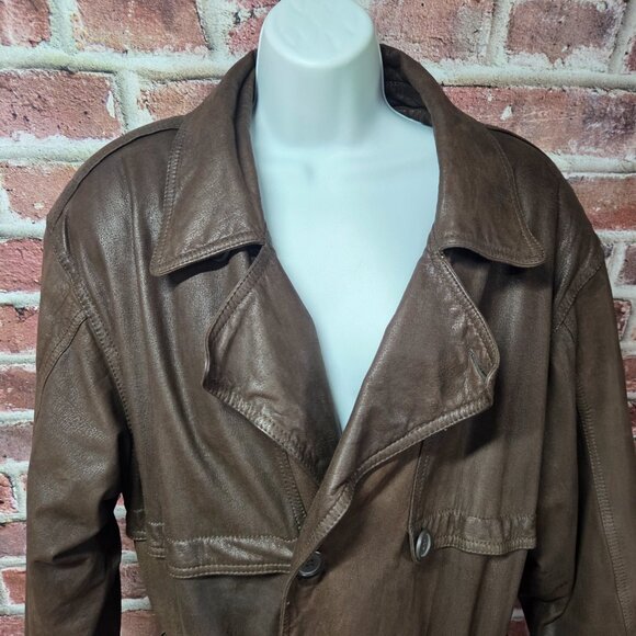 Pelle Cuir Leather Coat M | Vintage 80s Brown Double Breasted Trench - Picture 5 of 9